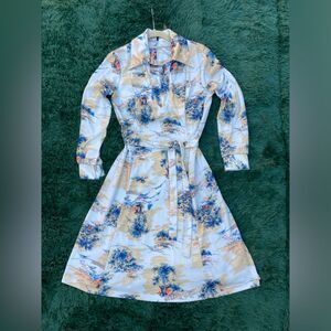 Vintage Size 12 Pastoral Asian Print Pale Blue Belted Dress